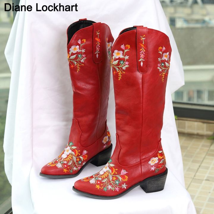 【Alien Alien】 New Vintage Shaped Flowers Embroidery Bootes Women Western Cowgirls Cowboy Boots Casual Work Riding Chunky Heel Boot Ladies