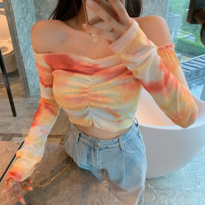 Women%20Casual%20Long%20Sleeve%20T-shirt%20Fashion%20Tie-dye%20Printed%20Boat%20Neck%20Exposed%20Navel%20Tops%20-%20Image%204
