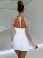 Mozision Elegant Backless Mini Dress For Women Robe Two Layer Mesh Full Sleeve Zipper Bodycon Party Short Dress Vestido. 