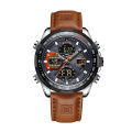 NAVIFORCE NF9197 Dark Brown PU Leather Dual Time Watch For Men - Silver & Dark Brown.