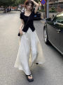Pure Desire Style Suit Female Black Slit V Collar Short Sleeve T T-shirt Summer High Waist Wide Leg Pants Long Culottes Casual Two-Piece Suit.