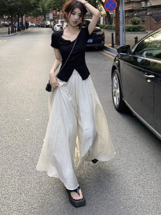Pure Desire Style Suit Female Black Slit V Collar Short Sleeve T T-shirt Summer High Waist Wide Leg Pants Long Culottes Casual Two-Piece Suit