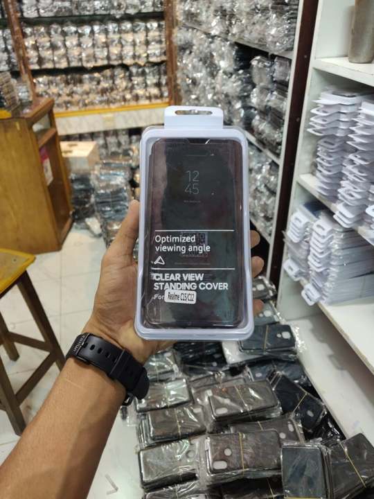 Realme C12 / C15 / C25 / C25s / Narzo 20 / Narzo 30A Luxury Clear View Mirror Premium Leather Standing Glass Flip Cover