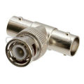 Silver T - type BNC 2 distribution adapter Connector male / female / female. 