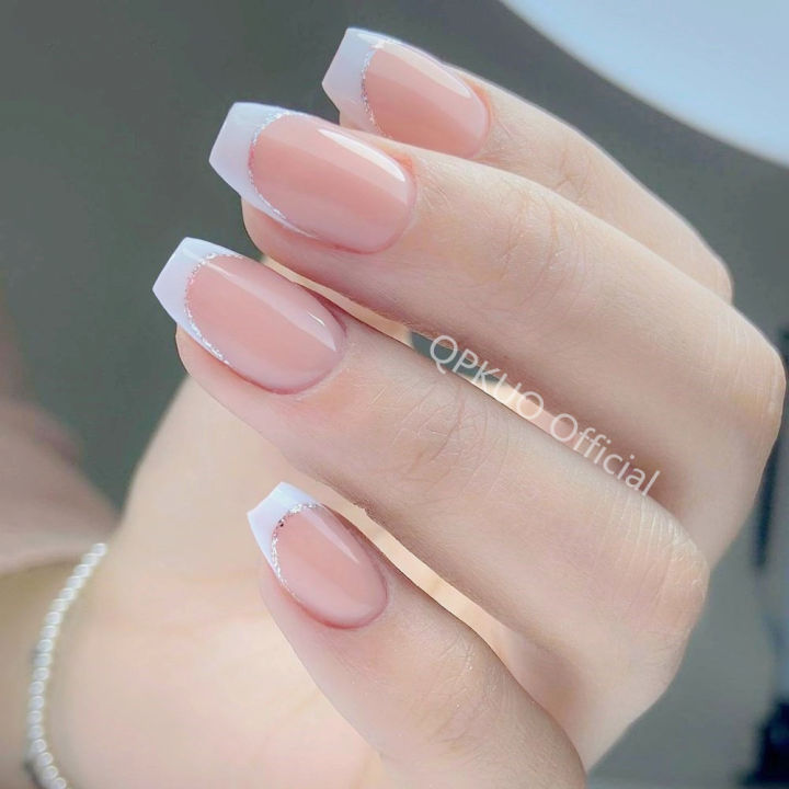 Press On False Nail French Tip Short Ballerina Nail With Adhesive Artificial Coffin Faux Ongles DIY Fingertips Manicure