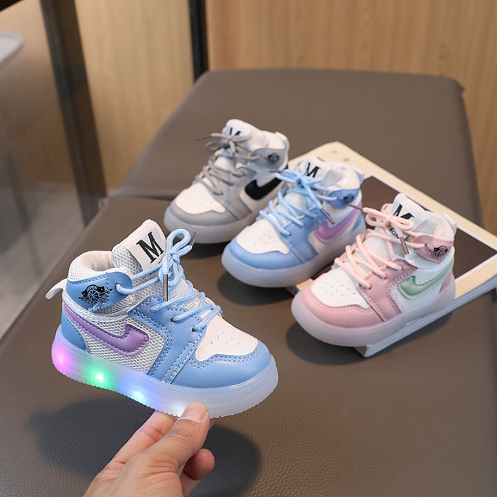 Spring and Autumn Children's Sneakers, High Top Girls' Mesh Casual Shoes,  Boys' Sneakers, 1-6 Years Old Baby LED Shoes