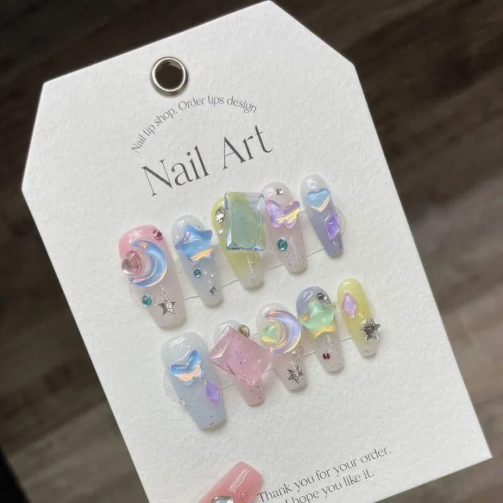 10Pcs Gradient Candy Color Press On Nails Handmade Nails With 3D Star Moon Rhinestone Design Full Cover Wearable Nail Tips