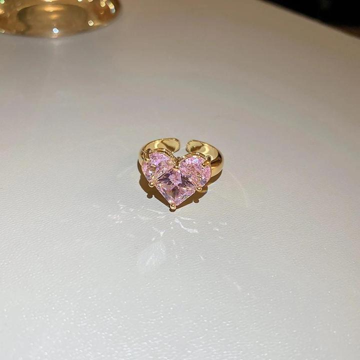 Barbara Bangladesh Jewelry GEM girl Zircon pink geometric heart open ring Korea