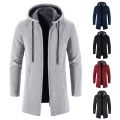 New Men's Autumn/winter Long Coat Grab Cashmere Sweater Thick Warm Hooded Jumper Cardigan Fashion Solid Color Jacket. 