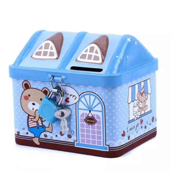 Metal House Shape Piggy Bank Coin Safe Storage Box with Lock