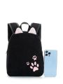Girls Boys Cute Casual Cat Footprint Print Corduroy Adjustable Kids Backpack Kids School Bag For Outdoor Travel Students.