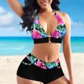 Trendygirl Summer Women Bikini Printed Deep V Neck Halter Bra Low Rise Micro Shorts Briefs Swimsuit Set for Swimming.