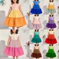 Kids’ Patchwork Midi Dress – Casual, Color Block, Flounce Sleeves, High Waist, Plain Design.