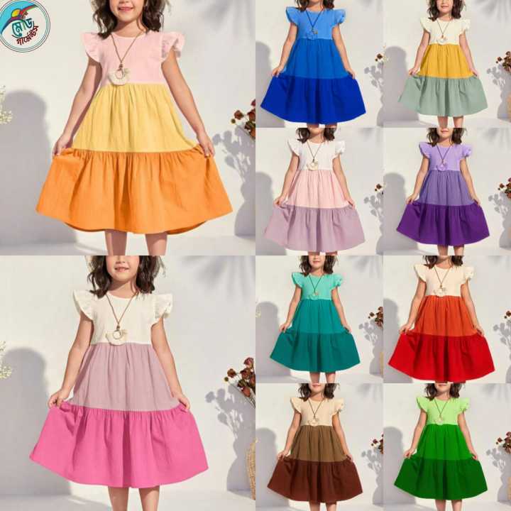 Kids’ Patchwork Midi Dress – Casual, Color Block, Flounce Sleeves, High Waist, Plain Design