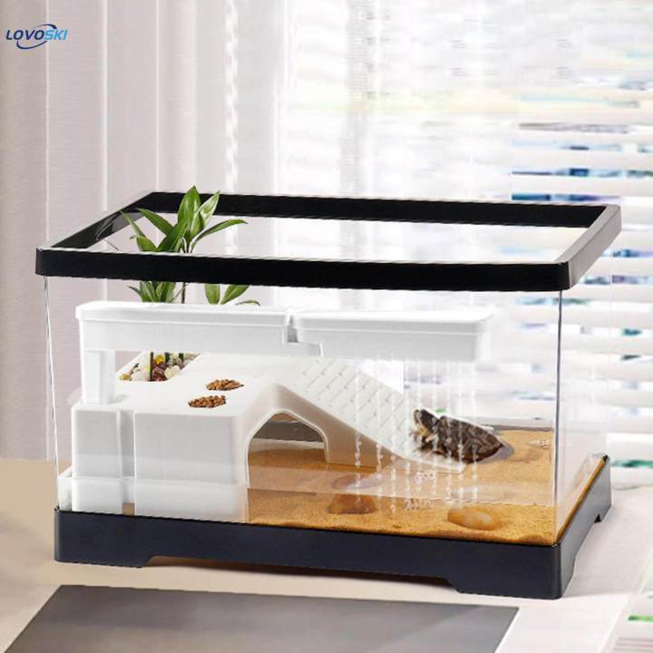 Turtle Tank Box Basking Ramp Hideout Tortoise Enclosure Starter Indoor Decor Medium Black