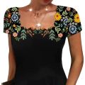 2023 Summer Women's Wavy Neck Print Short-sleeve Dress Elegant Casual Floral Theme Printed Female Fashionable Knee Length Dress. 