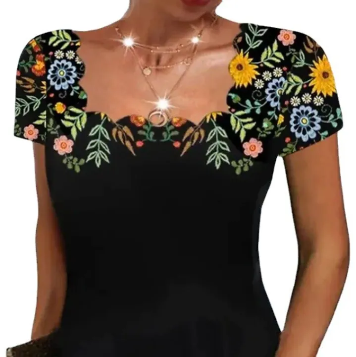 2023%20Summer%20Women's%20Wavy%20Neck%20Print%20Short-sleeve%20Dress%20Elegant%20Casual%20Floral%20Theme%20Printed%20Female%20Fashionable%20Knee%20Length%20Dress%20-%20Image%204