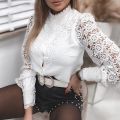 Women 2022 Spring White Vintage Button Shirts Lace Patchwork Hollow Out Shirt Blouse Long Sleeve O-Neck Mesh Design Tops. 
