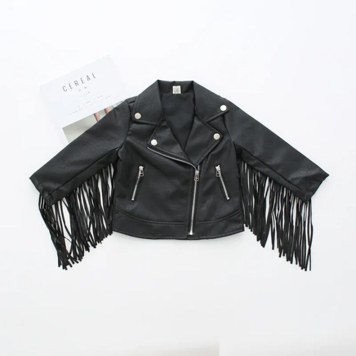 Girl Fashion Leather Lapel Tassel Motorcycle Leather Jacket Spring Autumn Kids Jackets for Girls