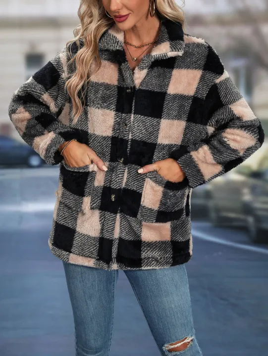 Cross%20border%20European%20and%20American%20autumn/winter%20square%20plaid%20lapel%20women's%20coat%20-%20Image%203