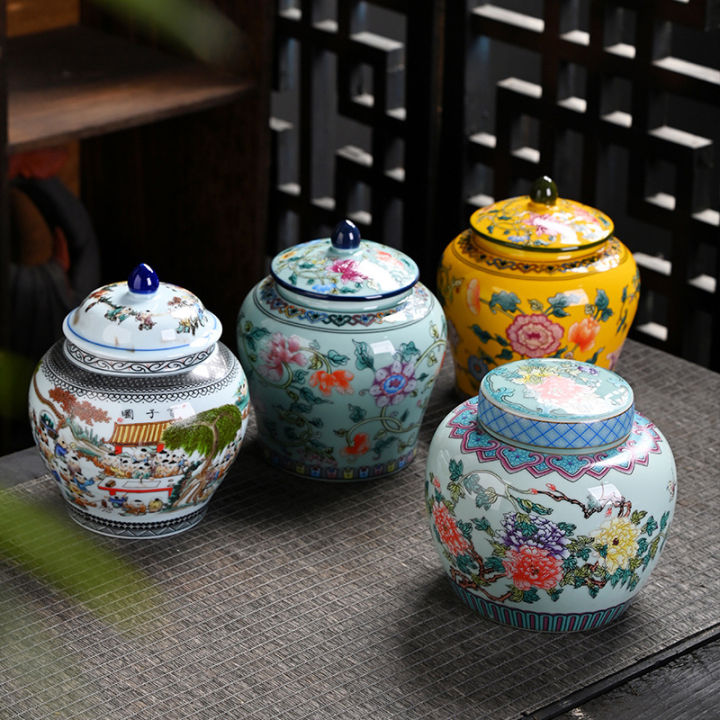 Enamel General Jar Painted Flowers Moisture-proof Sealed Tea Jar Art Crafts Ornaments Sundries Storage Box Home Decoration Gifts Amour zii