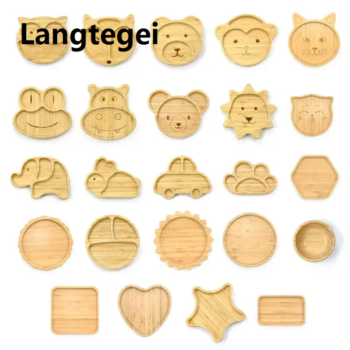 Children's Animal Pattern Bamboo Tableware with Base Suction Cup Baby Feeding Tableware Bamboo Plate Dinner Plate BPA Non-slip