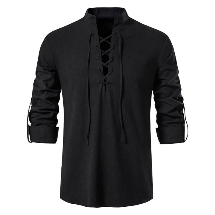Men's%20White%20Shirts%20Spring%20Autumn%20V-neck%20Top%20Casual%20Shirt%20Man%20Blouse%20Long%20Sleeve%20Cotton%20Linen%20Shirts%20Viking%20Front%20Lace%20Up%20Chemise%20-%20Image%206
