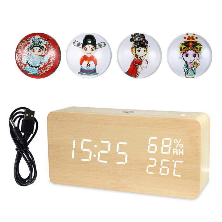 LED Digital Wooden Alarm Clock APP Control Time/ Temperature/ Humidity/ Date Display Electronic Desktop Clock 4 Levels Brightness Sound Control USB Charge or Ba-ttery Supply