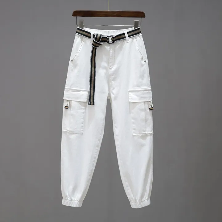 Spring%20White%20Multi-Pocket%20Cargo%20Pants%20Women2023Half%20Elastic%20Waist%20Loose%20Slimming%20Jeans%20All-Matching%20Harem%20Pants%20Women%20-%20Image%202