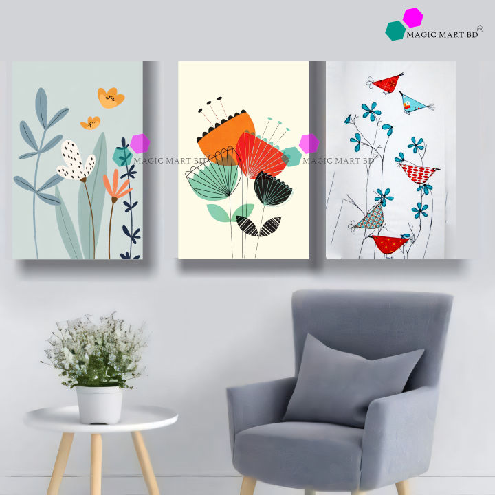 3-Piece Set Modern Abstract Floral & Animal Wall Art Set, Waterproof PVC Board, Easy Install Home Decor