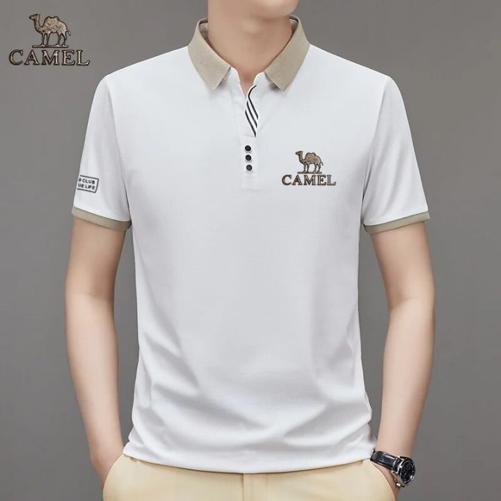 2024 Camel Authentic Emblem 3D Gold Label Men's Middle and Youth Scissor Neck Ice Silk Breathable Fashion Short sleeved T-shirt