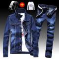 Spring Autumn Mens Denim Jacket + Jeans Pants Set Fashion Letters Printed Coat Trousers Two Piece Denim suit.