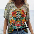 Women T shirt skull face vintage tops V neck casual cotton short sleeve pullovers summer female Harajuku punk streetwear tops.