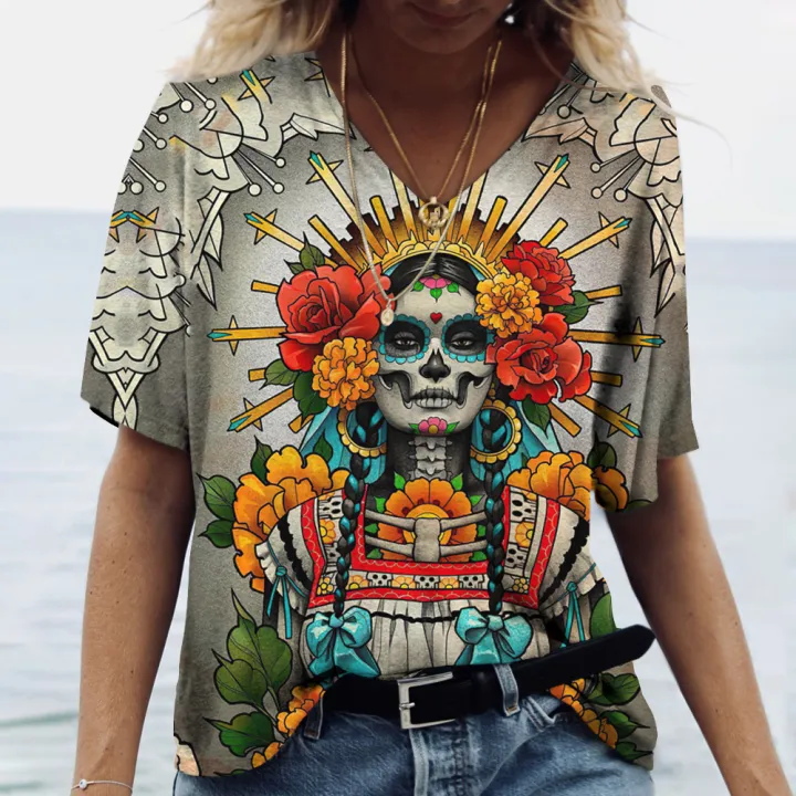 Women%20T%20shirt%20skull%20face%20vintage%20tops%20V%20neck%20casual%20cotton%20short%20sleeve%20pullovers%20summer%20female%20Harajuku%20punk%20streetwear%20tops%20-%20Image%203