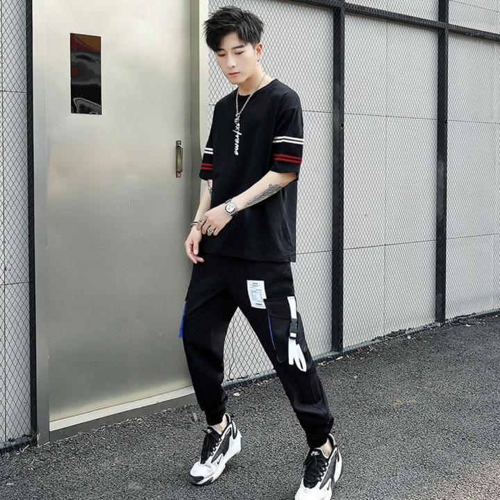 New Suit Fashion Short SleeveTT-shirt Loose Summer Wear Korean Men's Casual Student Sports Suit Handsome Match