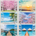 3D Natural Scenery Window Stickers Sakura Tree Beach Building Wall Art Mural Decals Home Office Decoration Vinyl Wallpaper. 