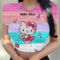 Women's Shirt Y2k Aesthetic T Shirt Streetwear Cartoon Print Short Sleeve Crop Top T Shirt Harajuku Clothing Top Hello Kitty.