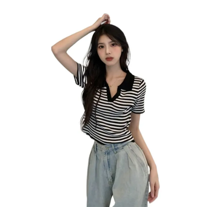 Stripes%20T%20Women's%20Summer%20Thin%20T-shirt%20Polo%20Collar%20T-shirt%20Shory%20Style%20High%20Waist%20Navel-Exposed%20Design%20Sense%20Niche%20Knitted%20Hot%20Girl%20Top%20-%20Image%204
