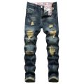 Men Dark Blue Ripped Jeans Denim Destroyed Cotton Casual Hole Ruined Trousers For Male Fashion Long Plus Size 28-42.