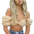 Women off Shoulder Tops Charming Solid Color Short Puff Sleeve Bowknot Slim Fit Summer Crop Tops.