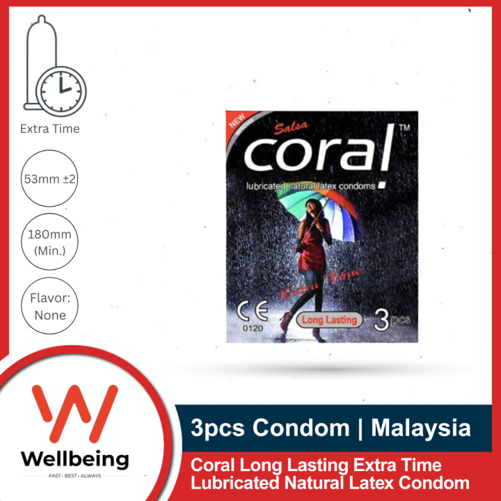 Coral Long Lasting Extra Time Lubricated Natural Latex Condom for Men | 3pcs Pack | Malaysia