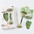 2Pcs/set Green Natural Stone Jade Massage Spa Roller + Gua Sha Board Scrapers Plate for Face Body Anti-aging Facial Massage Jade Roller Set Skin Care Tools.