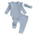 FOCUSNORM 0-18M Autumn Baby Girls Boys Clothes Sets 3pcs Solid Color Long Sleeve Ribbed Romper + Pants + Headband. 