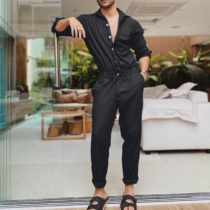 Mens Spring And Autumn Fashion Leisure Solid Color Lapel Pocket Buckle Overalls Jumpsuit Jean Rompers And Jumpsuits for Men