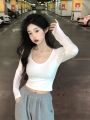 Simple White Shoulder U Collar Threaded Long Sleeve T T-shirt Women's Outer Wear Inner Wear Hot Girl Top Short All-Match Bottoming Shirt.