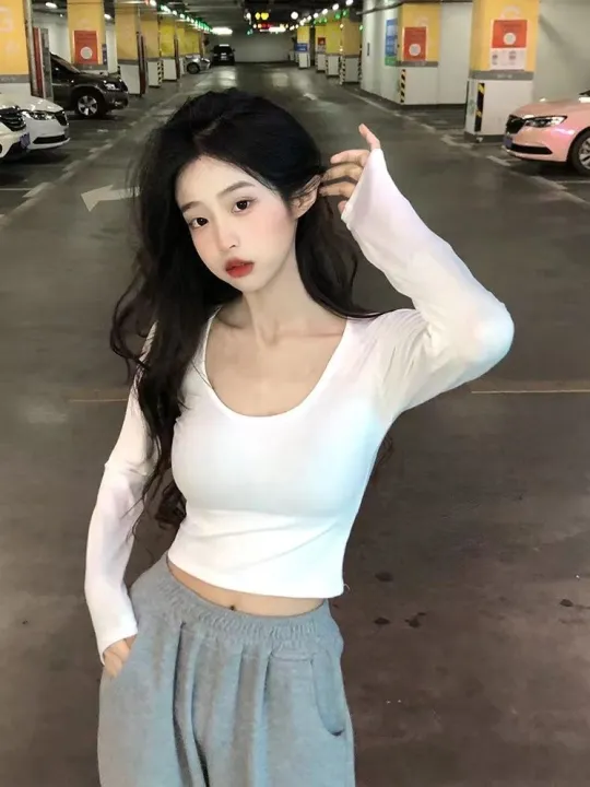 Simple%20White%20Shoulder%20U%20Collar%20Threaded%20Long%20Sleeve%20T%20T-shirt%20Women's%20Outer%20Wear%20Inner%20Wear%20Hot%20Girl%20Top%20Short%20All-Match%20Bottoming%20Shirt%20-%20Image%206