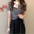 plus Size Women's Clothing 2024 Summer New v Collar Short Sleeve Shoulder T Women's Fat T-shirt mm Design Drawstring Slimming Hot Girl Top.
