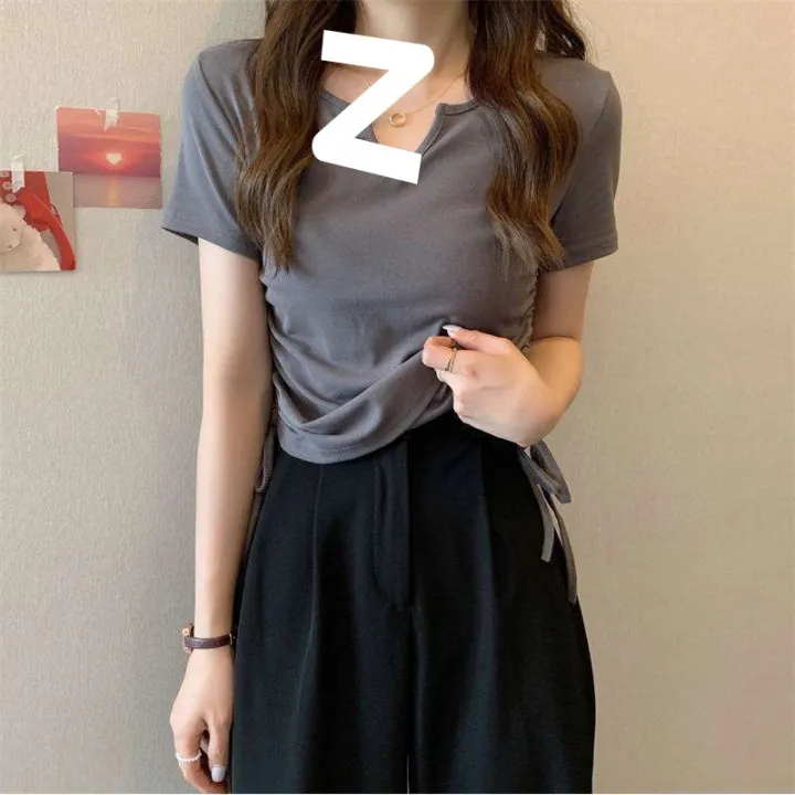 plus%20Size%20Women's%20Clothing%202024%20Summer%20New%20v%20Collar%20Short%20Sleeve%20Shoulder%20T%20Women's%20Fat%20T-shirt%20mm%20Design%20Drawstring%20Slimming%20Hot%20Girl%20Top%20-%20Image%202