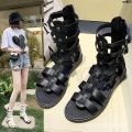 Flat Heel Cross Mid-Calf Fashion Sandals Hollow Women's Flat Summer New Lace-up European and American Roman Shoes Open Toe Sandal Boots ).