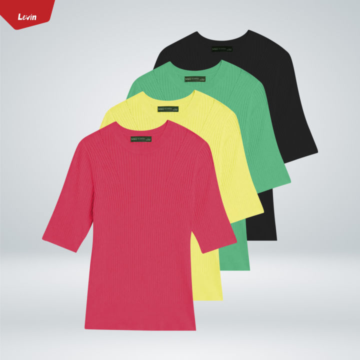 Ladies Short Sleeve Ribbed Crew Neck Knitted Sweater From Levin